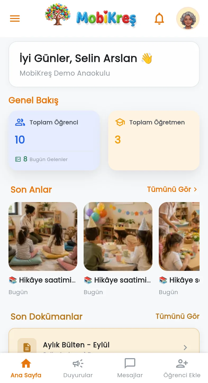 MobiKreş müdür paneli ana ekranı