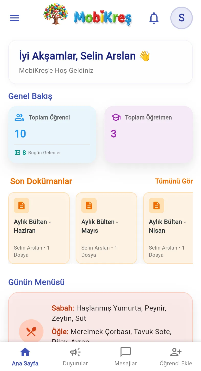 MobiKreş müdür paneli ana ekranı