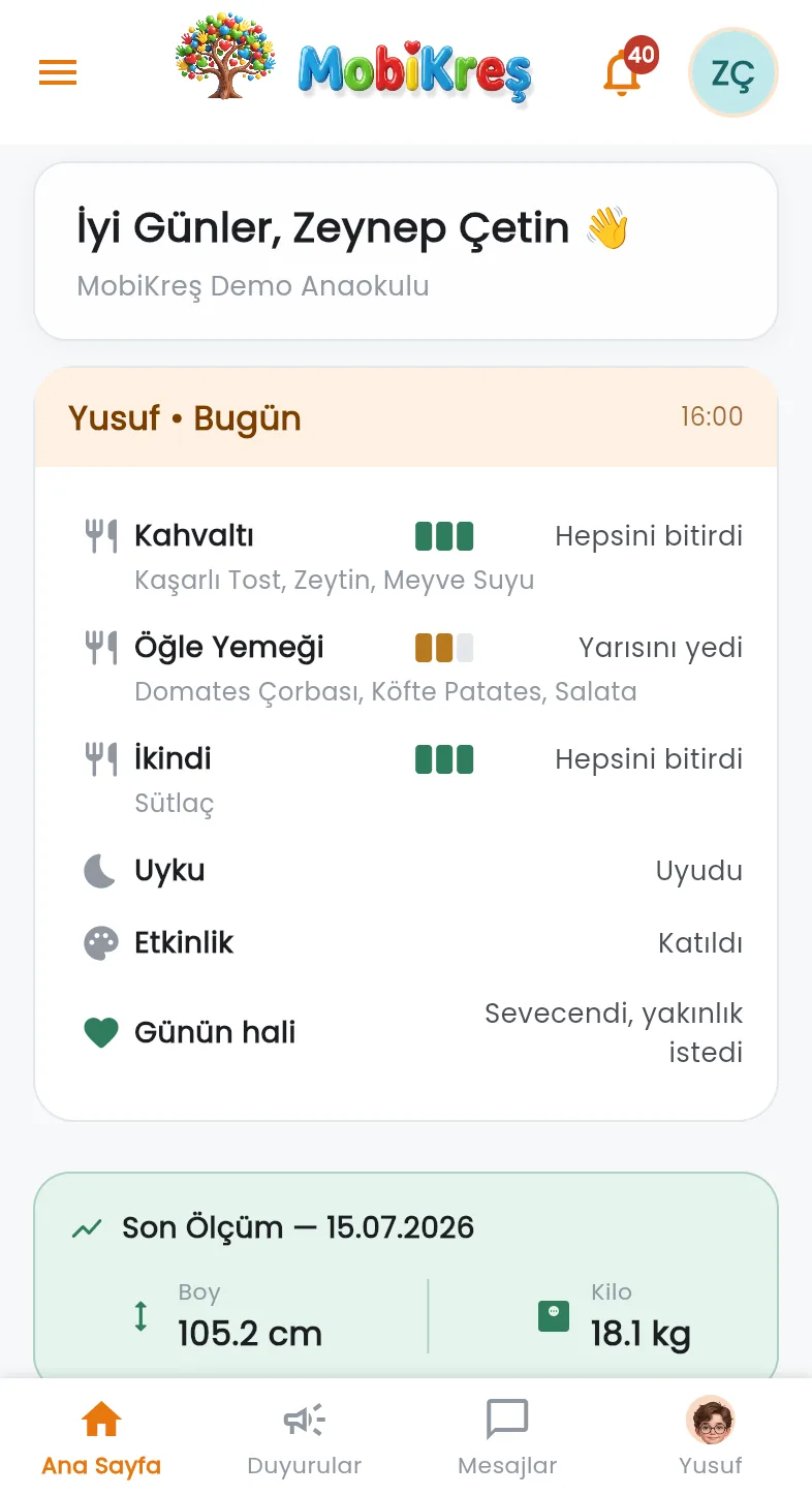 MobiKreş veli uygulaması ana ekranı