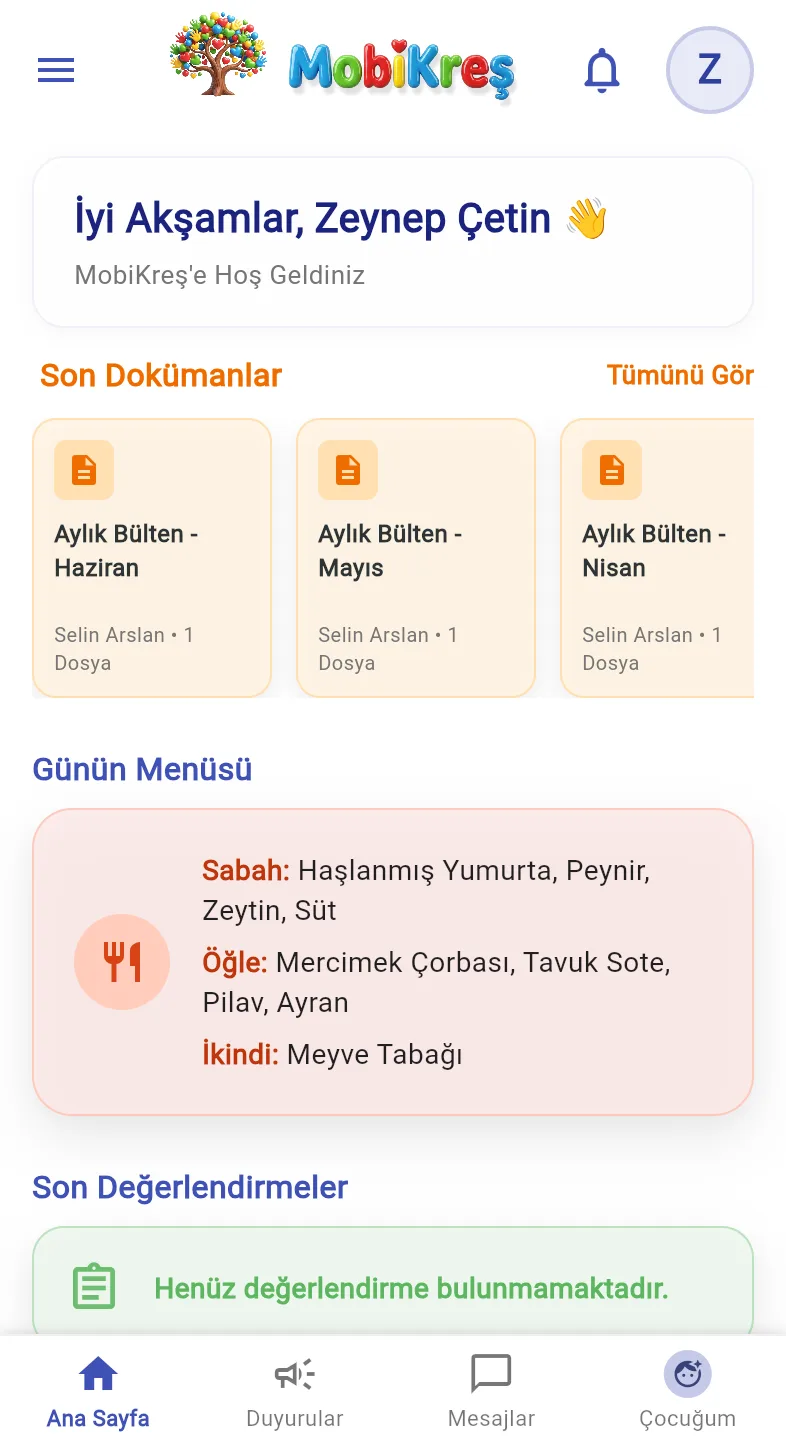 MobiKreş veli uygulaması ana ekranı