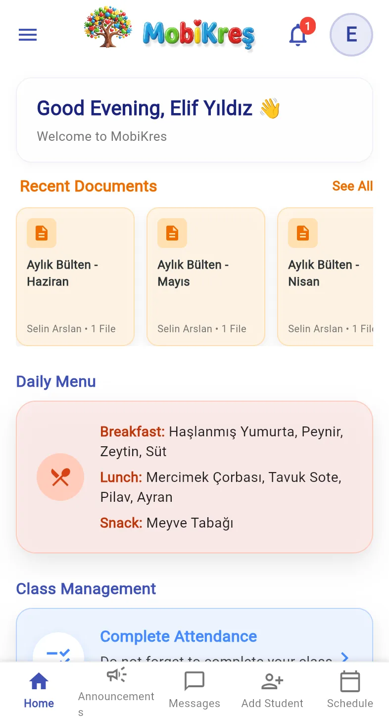 MobiKres teacher dashboard screen