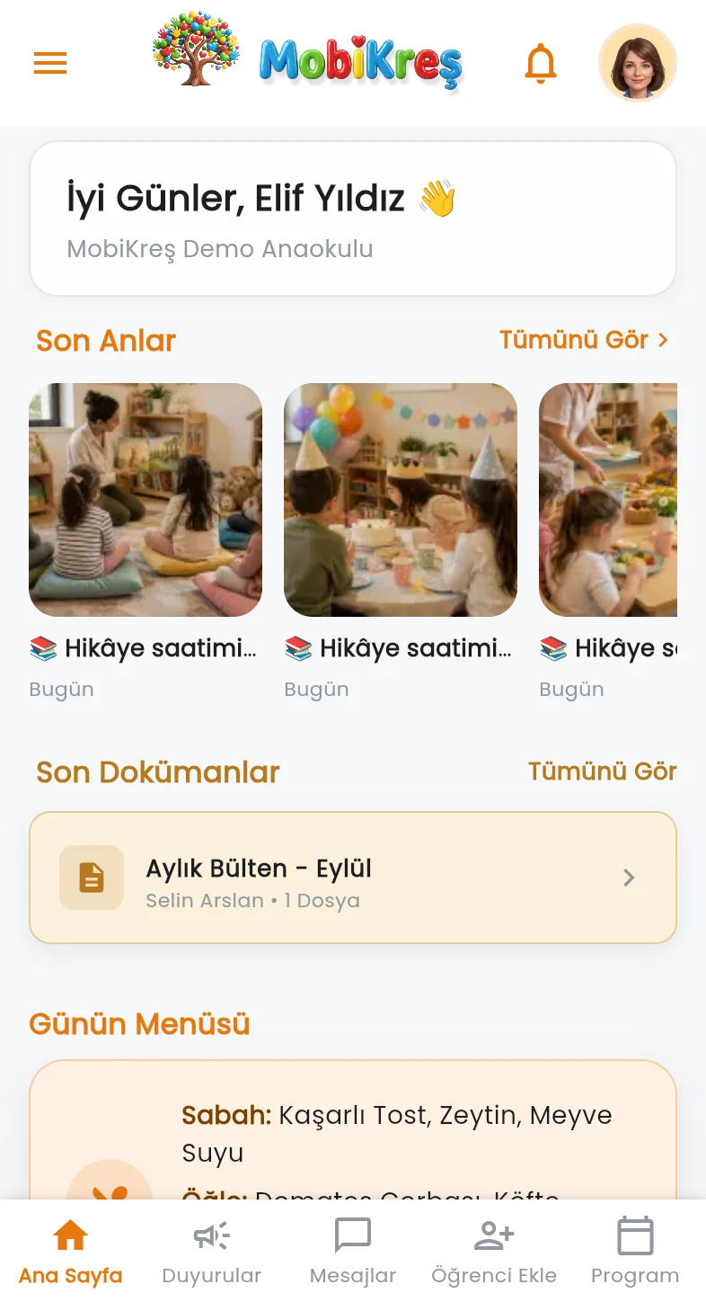 MobiKreş öğretmen paneli ana ekranı