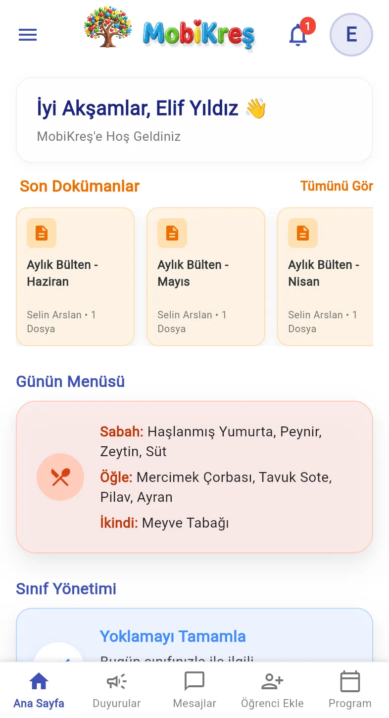 MobiKreş öğretmen paneli ana ekranı