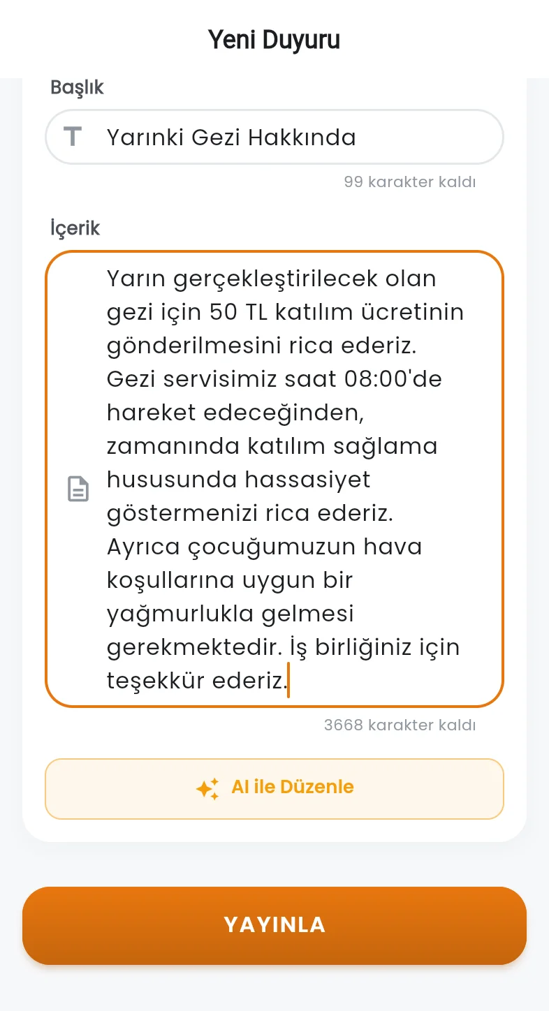 Yapay zekâ ile düzenlenmiş veli duyurusu