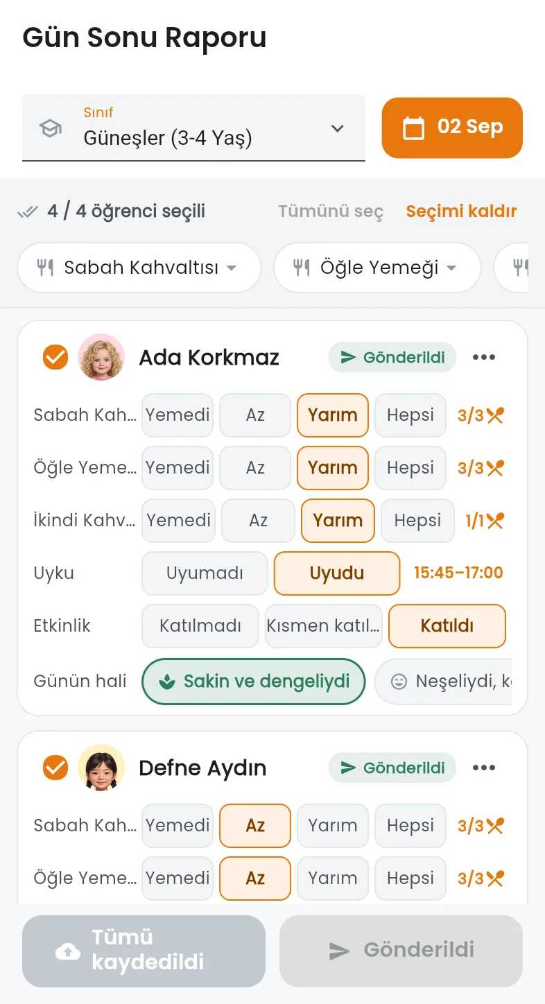 Öğretmenin toplu gün sonu raporu: öğün, uyku, etkinlik ve günün hali