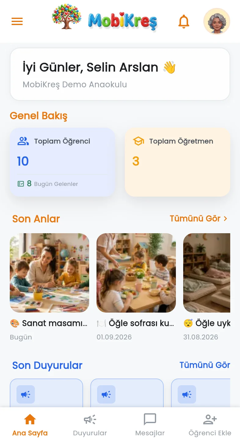 MobiKreş müdür paneli ana ekranı