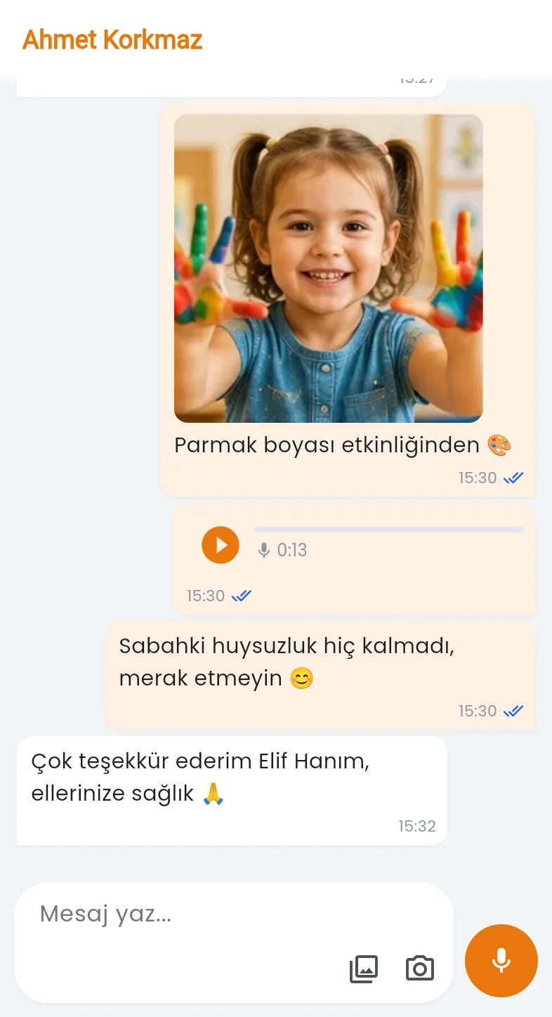 Öğretmen–veli sohbeti: fotoğraf, sesli mesaj ve mavi çift tik ile okundu bilgisi
