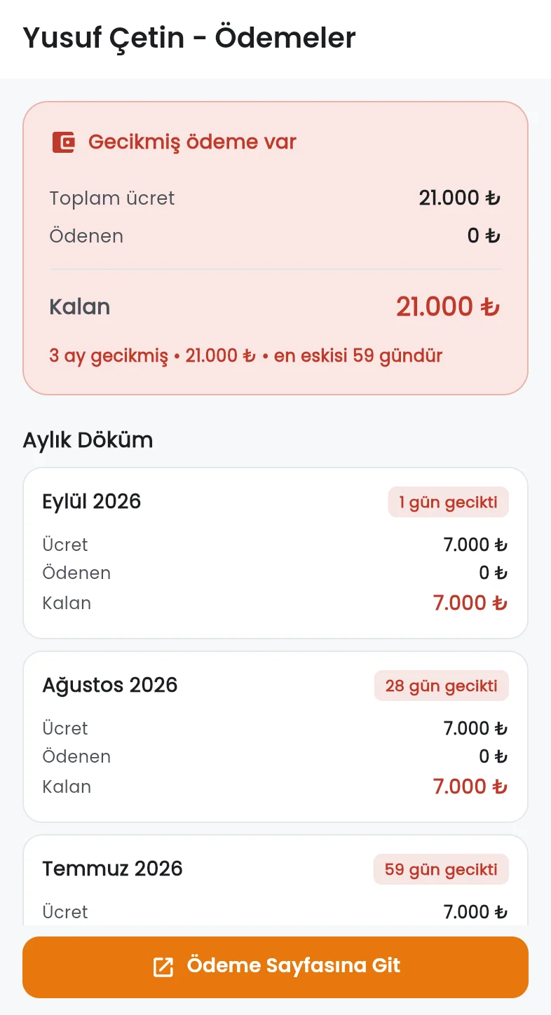 Veli ödeme ekranı: aylık döküm ve kalan borç